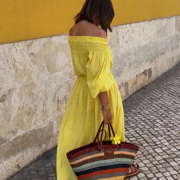 H&M Juliet Sunny Yellow Smocked Off The Shoulder Balloon Sleeve Midi Maxi Dress - Picture 2 of 8